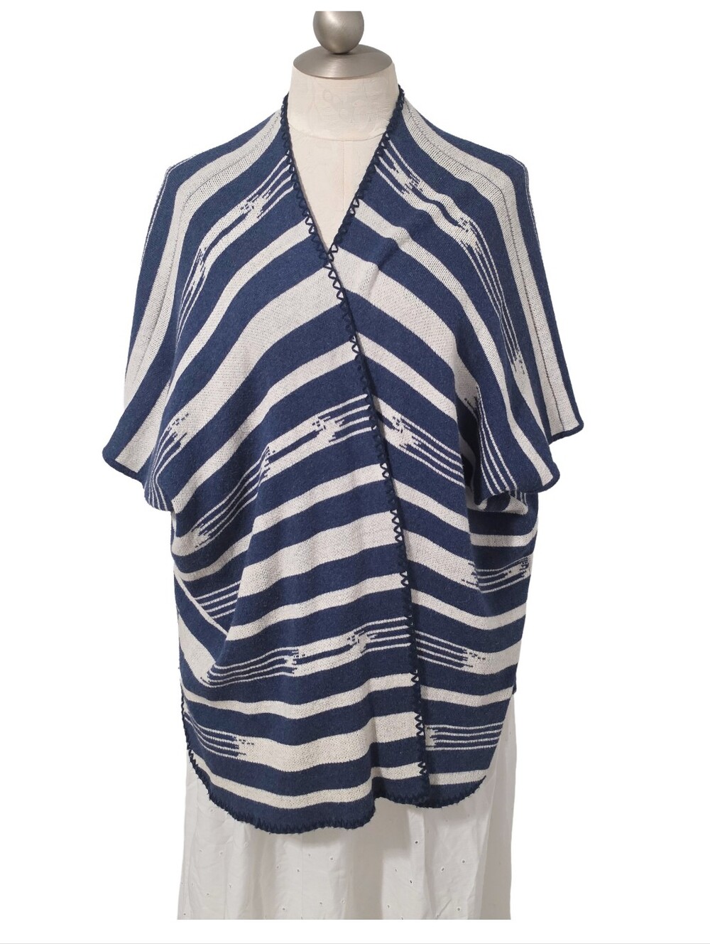 Marine Layer Poncho Navy Blue and Cream Striped Knit Shawl Sweater XS/S